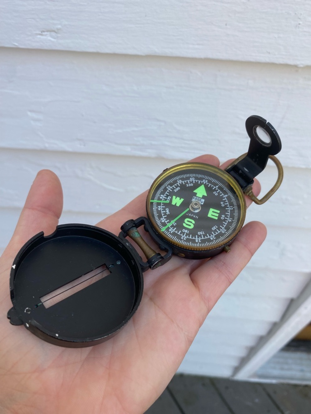 Lensatic Metal and Brass Pocket Compass with Black Dial and Green Markings